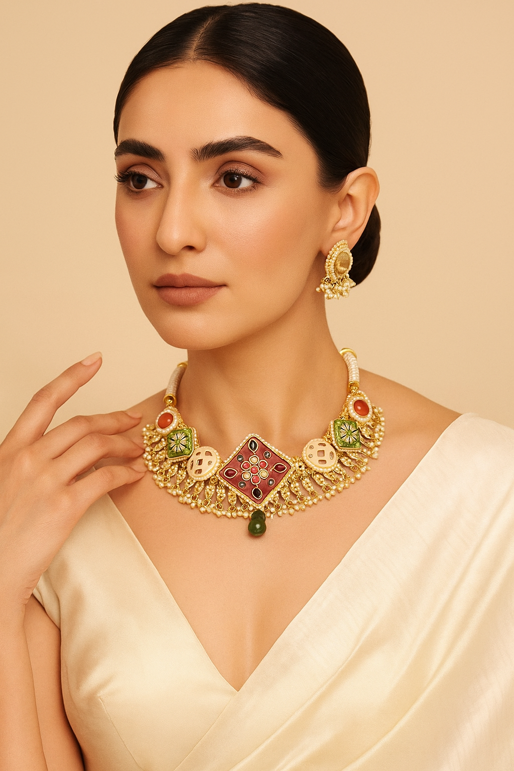 Multicolor Kundan Pearl Choker Necklace Set with Carved Centerpiece